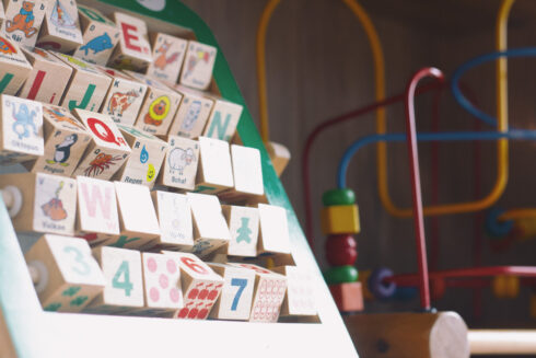 Auf dem Bild sieht man eine Vielzahl von bunten Holzwürfeln. Diese Würfel sind mit Buchstaben, Zahlen und Bildern von Tieren bedruckt.